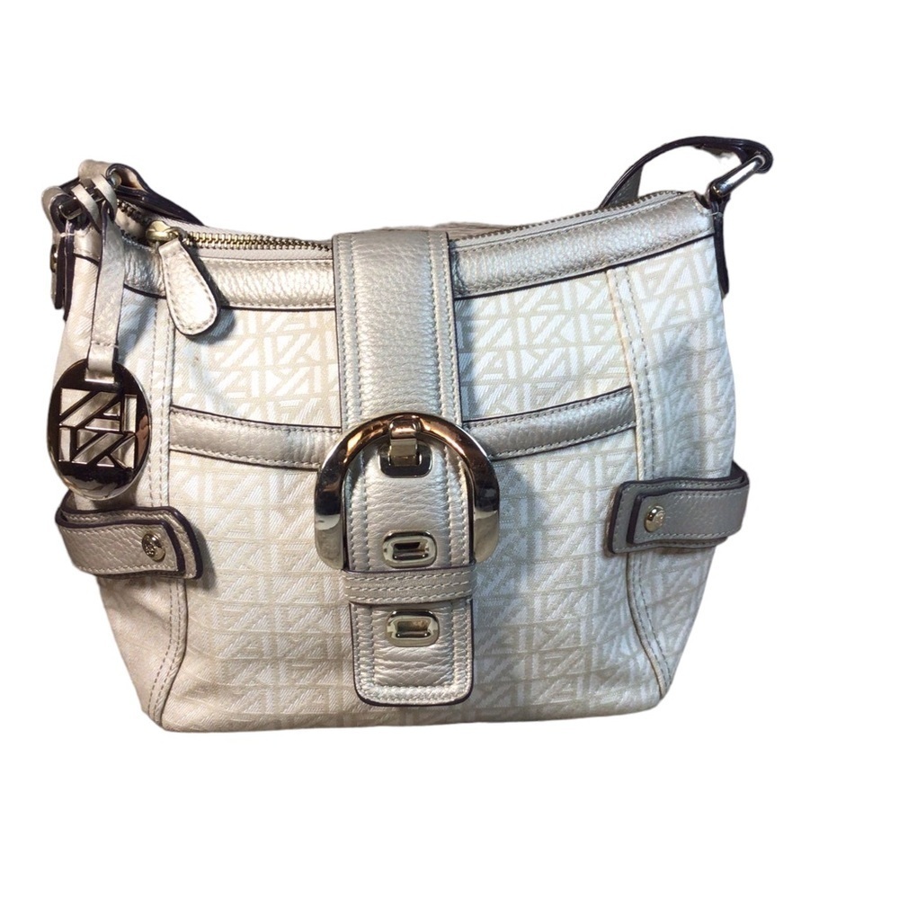 Anne Klein Shoulder Bag Medium Size Gold Tone Hardware Outside Pockets Zip Close